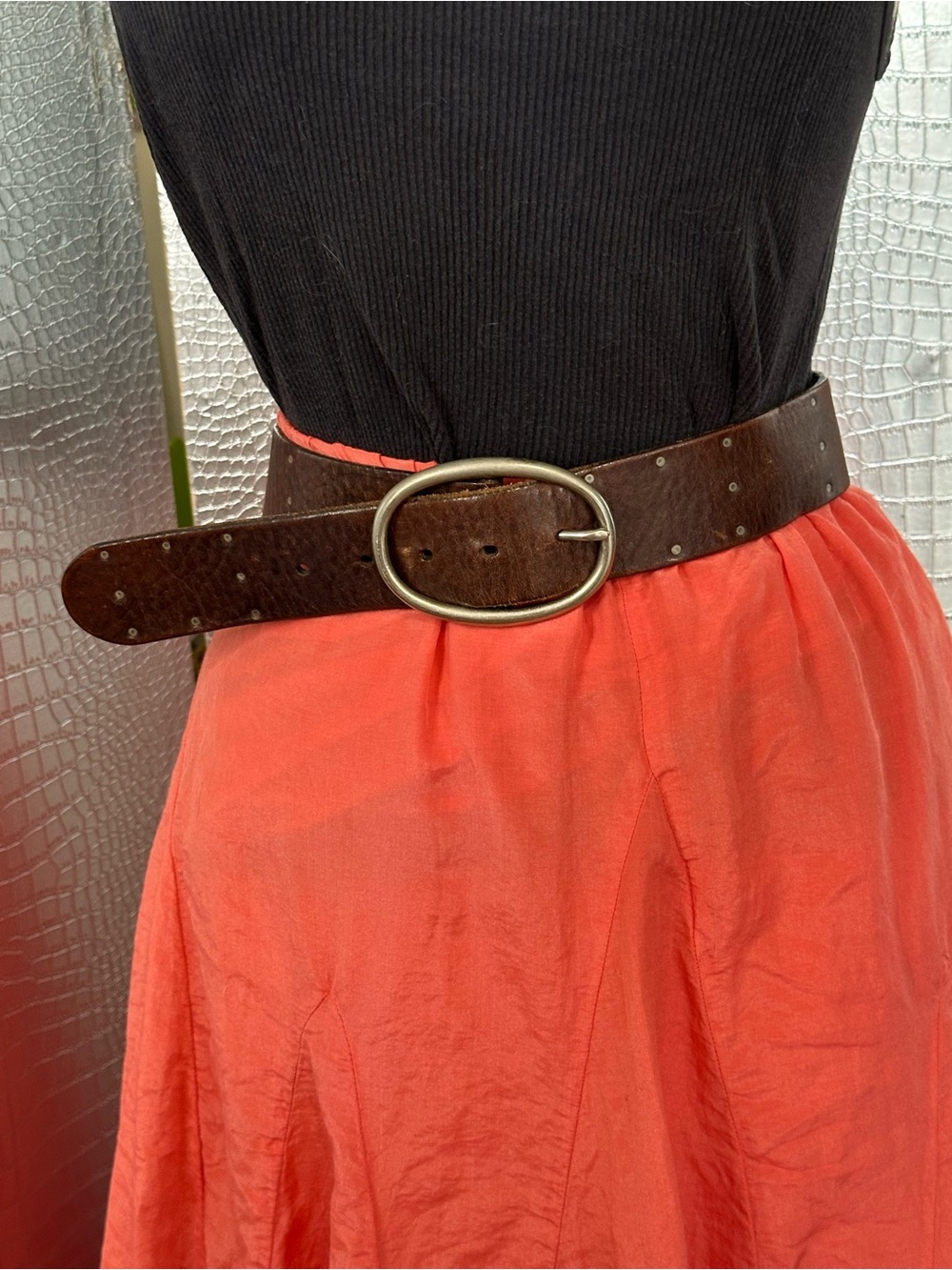 Classic Vintage Brown Studded Leather Oval Buckle Belt